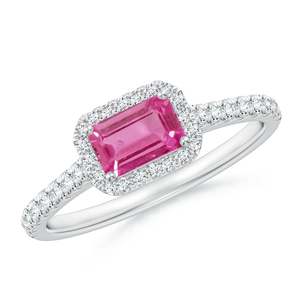 Anillo de Compromiso de Oro Sólido de 14K con Zafiro Rosa Corte Esmeralda y Halo, Hecho a Mano, Joyería Fina Personalizada para Boda o Compromiso - Product Image 1
