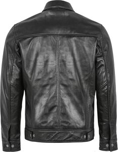 Men's Genuine <b>Leather</b> Moto <b>Jacket</b> Turn-down Collar Zipper Closure Solid Black Regular Length Autumn Wear - Product Image 5