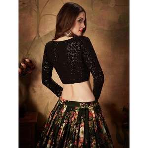 Fascinante Estampado Floral Negro Organza Seda Boda Lehenga Choli - Product Image 1