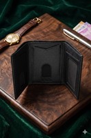 WRIZA Portefeuille fin à trois volets en cuir véritable pour homme |   Portefeuille anti-RFID à 6 emplacements pour cartes avec poche à monnaie pour cartes bancaires et argent, noir