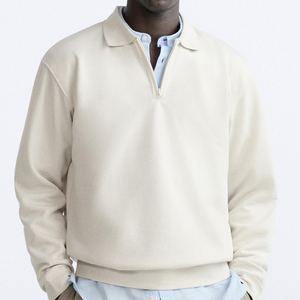 Men's Cream Long Sleeve Knitted Pullover <b>Quarter</b> <b>Zip</b> <b>Sweater</b> Regular Fit Casual Solid Color Breathable Cotton Top - Product Image 4