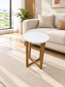 Wholesale Minimalist Modern Round <b>Side</b> <b>Table</b> Eco-Friendly <b>White</b> MDF Top <b>Wooden</b> Legs Coffee <b>Table</b> for Living Room Sofa - Product Image 2