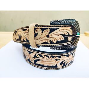 Cinturón de cuero de vaca de lujo con diseño floral, estilo occidental con hebilla de acero/aleación, logotipo personalizado, hombres, mujeres, Color Natural - Product Image 1
