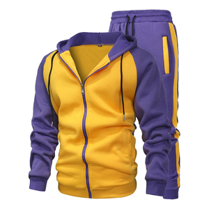 Conjunto Deportivo para Hombre con Capucha, Bloques de Color Morado y Amarillo, Cierre de Cremallera, Manga Larga, Estilo Casual para Otoño - Product Image 1