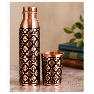 Artistic Copper Water <b>Bottle</b> with Matching Cup Set <b>Vintage</b> Engraved Design Portable Drinkware for Home Use - Product Image 1
