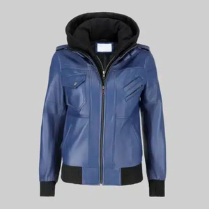 Veste en cuir bleue pour femme avec capuche amovible, vêtement d'extérieur élégant et décontracté, style vintage streetwear, veste en cuir pour femme - Product Image 1