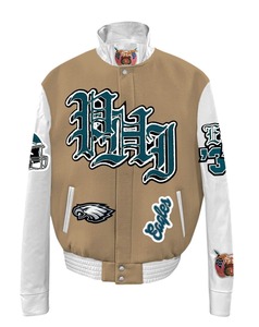 Philadelphia Eagles Wool & Leather Old English Varsity <b>Jacket</b> Camel - Product Image 1