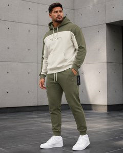 Ensemble de survêtement à capuche VIBE CRAFT pour homme, color block, vert olive et blanc, en coton, décontracté, pour l'automne, manches longues, pantalon à cordon de serrage - Product Image 1