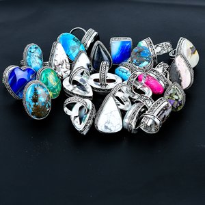 All Natural Cabochon Gemstone <b>Adjustable</b> <b>Ring</b>: 925 Sterling Silver Plated Mix Shape Vintage Jewelry - Product Image 2