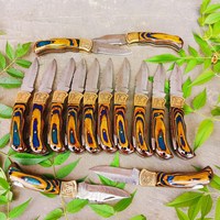 Couteau pliant de poche artisanal OEM personnalisable avec manche en Micarta multicolore, lame en acier Damas à pointe tombante pour le camping en extérieur