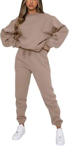 Ensemble survêtement molletonné oversize pour femme, couleur unie, col rond, épaules tombantes, manches longues, tenue d'automne - Product Image 1