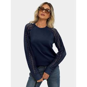 2025 <b>Women's</b> <b>Long</b> Sleeve Navy M <b>Blouses</b> Shirts 2024 Trendy Winter Outfits Cute Basic Tee Lace Boat Neck Fall Business Shirts - Product Image 1