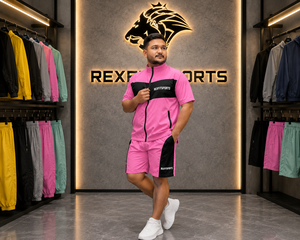 REXFIT SPORTS 2026 Conjunto Deportivo de Verano para Hombre en Nailon Rosa, Camiseta de Manga Corta con Cierre Completo y Pantalones Cortos, Ropa Deportiva Personalizada, Conjunto Ligero de Nailon - Product Image 6