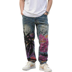 Jean slim en denim délavé imprimé pour homme, coupe droite, mélange de coton, style motard, décontracté, streetwear, mode - Product Image 1