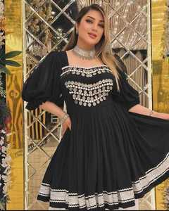 Bohemian Black Beaded A-Line <b>Dress</b> With Puff Sleeves Square Neck Plus Size Knee-Length Chiffon Women's Outfit - Product Image 5