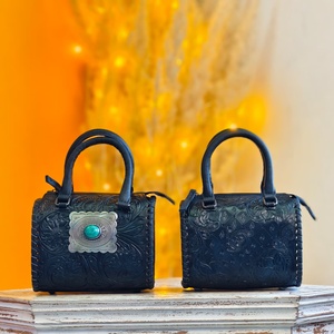 Black Color 100% Genuine Leather Women's Mini Speedy Duffle Bag With Single Stone Studded On Middle & Hand Tooled Florals Carved - Product Image 1