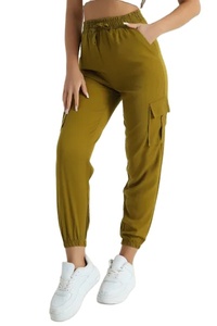 Pantalon cargo vert olive taille haute pour femme, coupe ample, avec cordon de serrage, longueur cheville, décontracté, en coton tricoté, avec poches, style automne - Product Image 1
