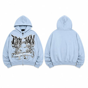 Sudadera con capucha para hombre, azul claro, con cremallera, corte holgado, estampado gráfico frontal, algodón French Terry, informal, para otoño, con capucha y manga regular - Product Image 1