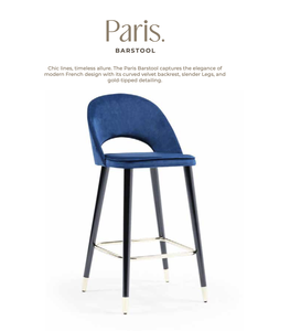 Tabouret de bar moderne de luxe en velours bleu avec dossier incurvé et pieds en métal pour hôtel, appartement, comptoir - Product Image 1