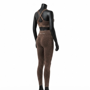<b>Women</b> <b>Brown</b> Acid Wash Yoga Set Racerback Sports Bra High Waist Seam Detail <b>Leggings</b> Gym Fitness Workout Activewear - Product Image 2