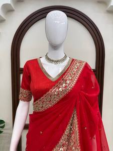 TENNECY Tibby Silk Floor-Length <b>Saree</b> <b>Blouse</b> Piece Women Traditional Gujarati Indian Wedding Diwali Party Wear Reversible All - Product Image 3