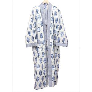 Bata Kimono Azul con Estampado, Cuello en V, Ropa de Dormir Informal, 100% Algodón Transpirable, Larga, con Cierre de Cinturón, Mangas Largas, Suave - Product Image 5