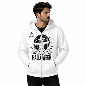 Custom Halloween Full <b>Zip</b> Hoodie for Men and Women Premium Heavyweight Fleece <b>Hooded</b> Jacket with Ghost Pumpkin Skull Graphic OEM - Product Image 3