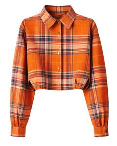 Camisa Corta a Cuadros Naranja Personalizada para Mujer, Cuello Camisero, Manga Larga, Botones, Blusa Casual de Moda, Proveedor OEM - Product Image 1