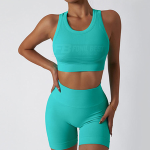 Conjunto Deportivo de 2 Piezas para Mujer, Yoga, Gimnasio, Fitness, Sólido, Antiarrugas, Transpirable, Spandex/Nailon, Cintura Elástica Alta, con Logotipo Personalizado - Product Image 4