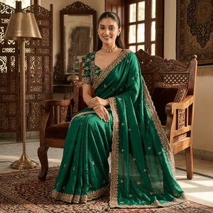 Sari de Seda Satinada Fandy |   Trabajo de Bordado con Lentejuelas y Dori Zari |   Sari de Diseñador para Bodas y Fiestas | Sari Étnico Tradicional Indio - Product Image 3