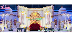 Royal Radha Krishna tema boda escenario decoración gran gujarati boda evento escenario tradicional oro blanco boda StageUK - Product Image 5