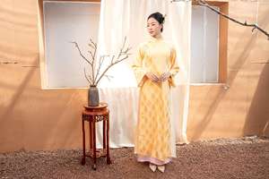 ชุดเดรสทรงตรงแบบอ่าวได ผ้าไหมเวียดนาม แบบกลับด้านได้ 4 ชิ้น ชุดเดรสอ่าวไดสีชมพู ผ้าไหมลายสวยหรู สไตล์นุ่มนวล รุ่น KAD06 เวียดนาม - Product Image 5