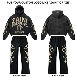 Conjunto Deportivo de Felpa de Algodón Grueso para Hombre, 320 GSM, Lavado Ácido, Sudadera Negra con Capucha y Pantalones Jogger, Impresión de Logotipo Personalizada, Panel Gráfico Artístico - Product Image 1