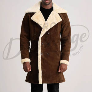 Manteau long en daim marron pour homme, doublure en fausse fourrure crème de luxe, chaud pour l'hiver, à double boutonnage - Product Image 3