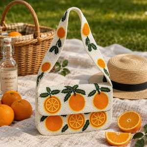 Handmade Embroidered <b>Orange</b> Pattern Canvas <b>Handbag</b> Rectangular Shape Textile Purse - Product Image 2
