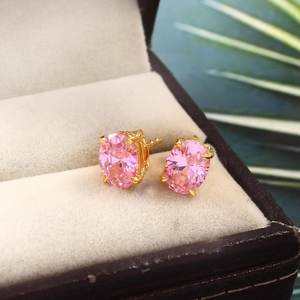 Boucles d'oreilles ovales en morganite de Madagascar, argent sterling 925 plaqué or 14 carats, bijoux de mariée pour femmes - Product Image 1