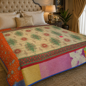 Couvre-lit vintage bohème Kantha brodé à la main en coton biologique réversible personnalisable tendance pour lit King, hôtel, plage - Product Image 3