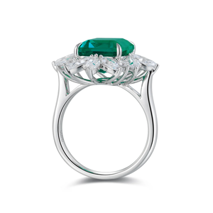 แหวนค็อกเทลเงินแท้ 925 สำหรับผู้หญิง ดีไซน์หรูหรา ประดับด้วยพลอยสีเขียวทรงมรกต และเพชรทรงมาควิส รูปดอกไม้ ชุบโรเดียม แบบฝังหนามเตย - Product Image 2