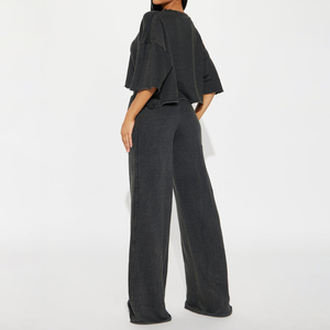 Women Acid Wash Raw Edge Wide Crop Top Oversized Shirt <b>Set</b> Woman 2 Piece Straight Oversized Pants Leisure <b>Sets</b> For Women - Product Image 2