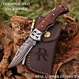 Hand Forged Unique Copper Damascus Folding Knife Steel Bolster Wood Bone Handle Custom Cu-Mai EDC Pocket Hunting Back <b>Lock</b> Knife - Product Image 4