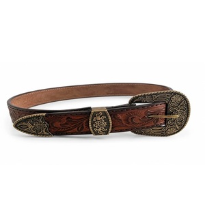 Custom Floral Embossed Western <b>Leather</b> Hand <b>Tooling</b> Belt with Designer 3 Piece Brass Pin Buckle Keeper and Loop End Cowboy Belt - Product Image 2