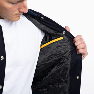 Unisex Top Selling Custom Slim Baseball Varsity Bomber Jacket Durable Wool Canvas Breathable Geometric Patchwork Hooded <b>Stand</b> - Product Image 2