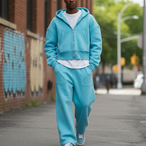 Ensemble de survêtement unisexe avec sweat à capuche court zippé et pantalon de jogging large, tenue décontractée 2 pièces, streetwear, ensemble en coton avec logo personnalisé - Product Image 6