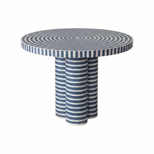 Table de salle à manger ronde moderne bleue et blanche à rayures avec incrustations en os, base en piédestal cannelé artisanale, table centrale de luxe pour hall d'entrée - Fournisseur - Product Image 1