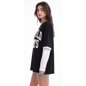 100% Cotton Double Layer T Shirt Ladies Boxy Tee <b>Top</b> Oversized Long Sleeve T-Shirts Women Custom Embroidered Dual Sleeve Tee - Product Image 3
