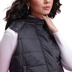Gilet matelassé à capuche pour femme, léger, zippé, sans manches, coupe-vent, couleur unie, décontracté, noir - Product Image 3