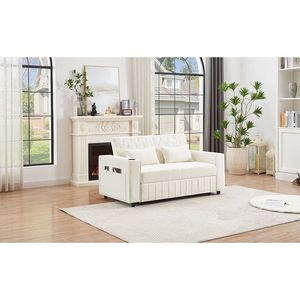 61.4\" Modern Beige Pull-Out <b>Sofa</b> <b>Bed</b> Convertible Couch Loveseat with Adjustable Backrest for Living Room - Product Image 1