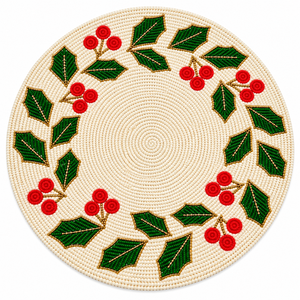 Napperon rond de Noël fait main ABM, motif feuille de houx verte et baies rouges, avec perles, couleur ivoire - Product Image 1