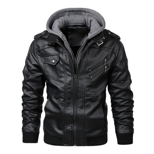Chaqueta de moto con capucha de cuero PU marrón para hombre, con cierre de cremallera y bolsillos, estilo otoñal, corte ajustado - Product Image 5