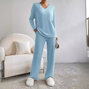 Long Sleeves <b>High</b> Quality Hot Sale Solid Color Women's Sleepwear in Set Outside - Product Image 4